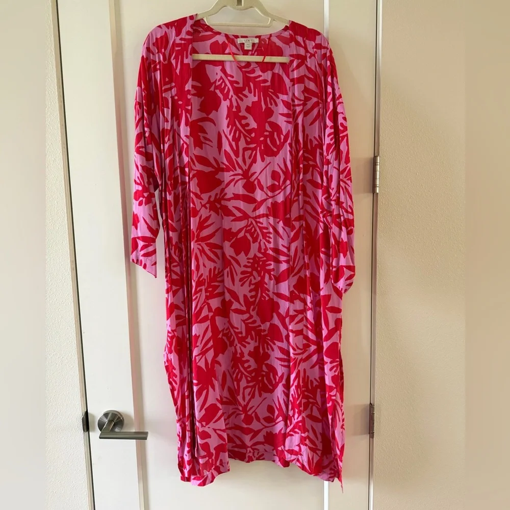 LOFT Pink Tropical Leaf Open Front Kimono M/L